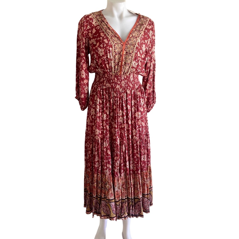Lola P.‎ Women Terracotta Floral Paisley Smocked Tiered Boho Midi Dress Size M